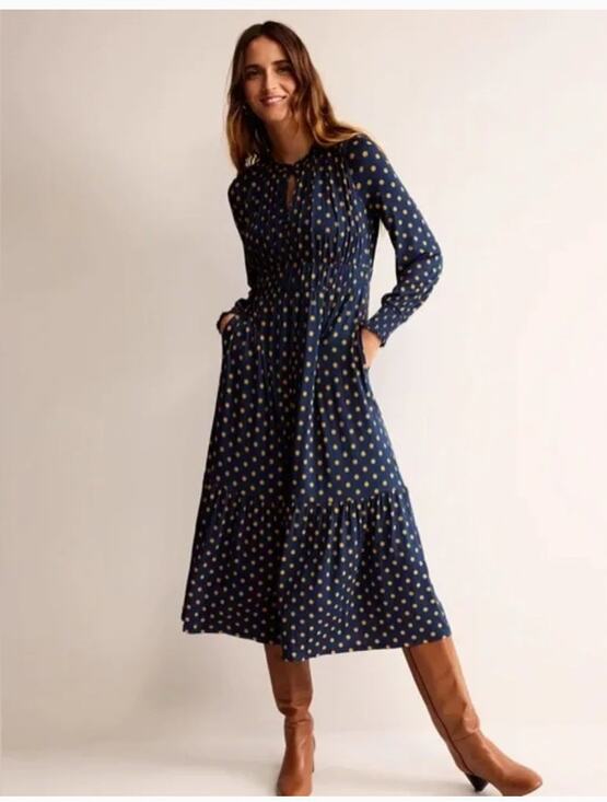 Boden Dresses & Skirts - Boden Rosanna Long Sleeve Tea Dress Polka Dot Ruched Pockets Stretchy Modest 12R